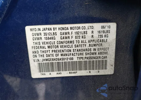 2010 Honda Fit z USA, uszkodzony, nr VIN JHMGE8H26AS012100